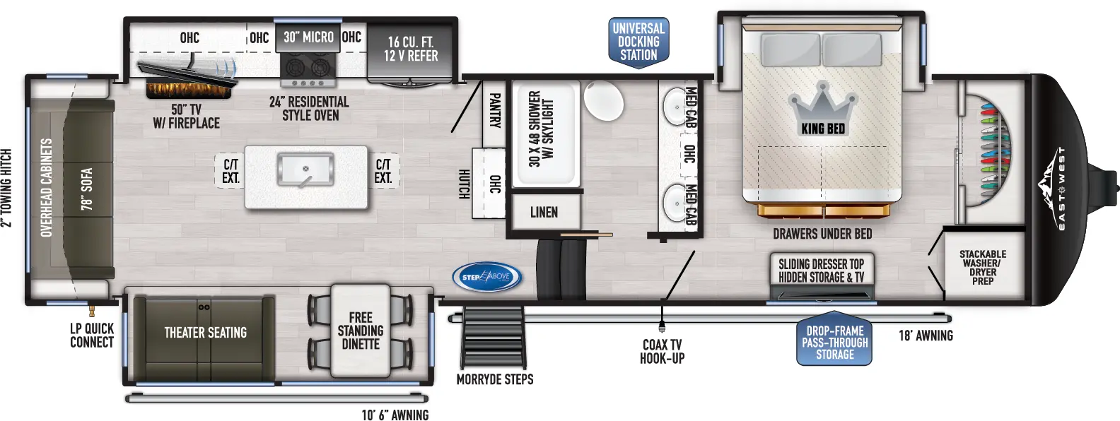 The 365RL has three slideouts and one entry. Exterior features drop-frame pass through storage, universal docking station, coax TV hookup, MORryde steps, LP quick connect, 10 foot 6 inch awning and 18 foot awning, and 2 inch towing hitch. Interior layout front to back: front bedroom closet and stackable washer/dryer prep, off-door side king bed slideout with drawers under bed, and door side dresser with hidden storage and TV; off-door side full bathroom with dual sinks with medicine cabinets, linen closet, and shower with skylight; two steps down to main living area and entry; overhead cabinet, hutch and pantry along inner wall; off-door side slideout with 12V refrigerator, overhead cabinet, residential-style oven, microwave, and TV with fireplace; kitchen island with sink, and countertop extensions; door side slideout with free-standing dinette and theater seating; rear sofa with overhead cabinets.